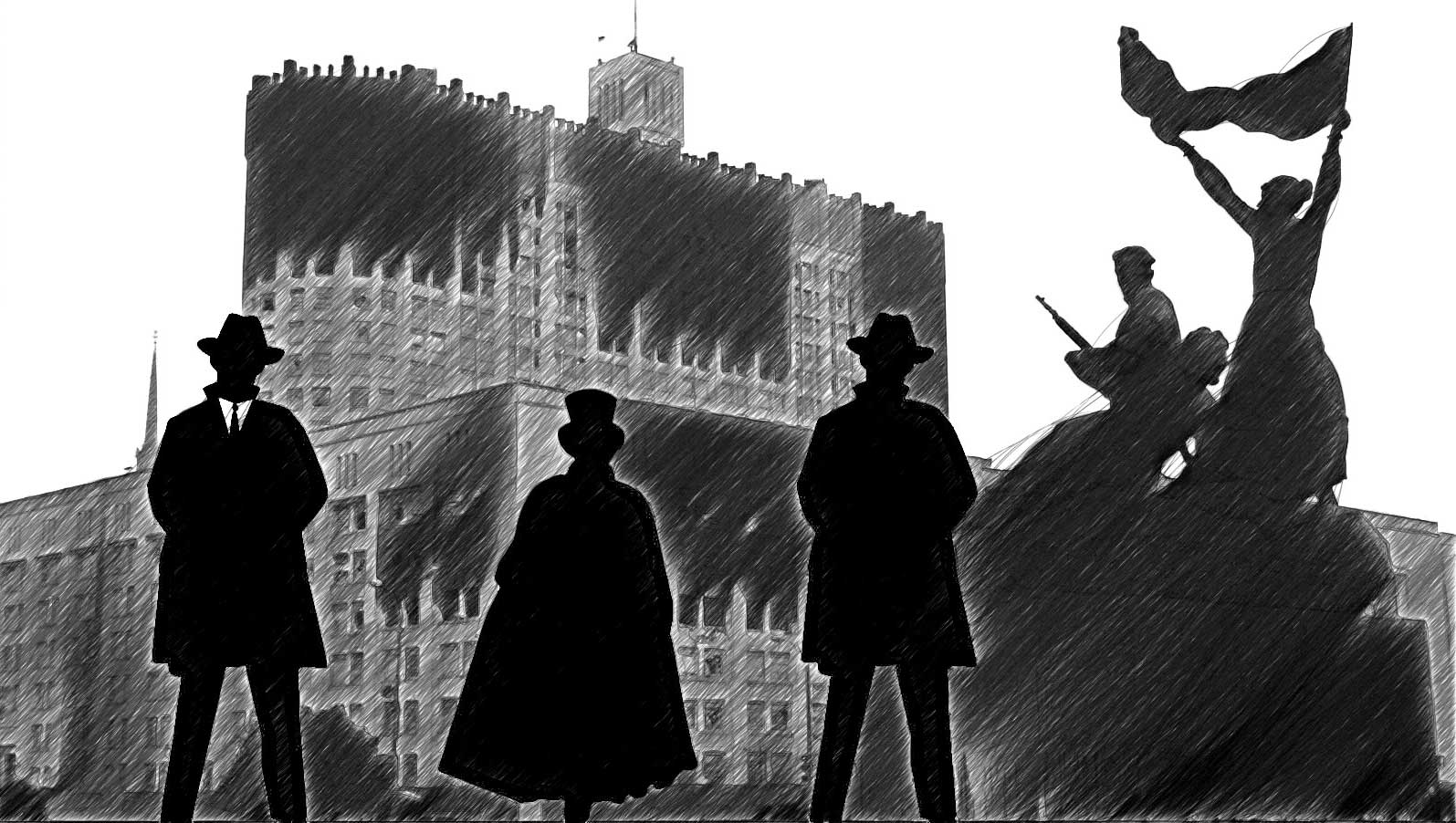 Иллюстрация к поэме Безвременье Дмитрия Барабаша. Пушки на фоне горящего Белого дома.